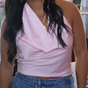 SHEIN Chic Silk Women's Light Pink Crop Cowl Blouse Going Out Medium Halter Top